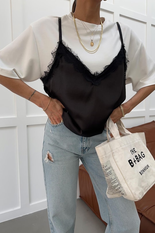 Saten Detay Modal Tshirt Beyaz