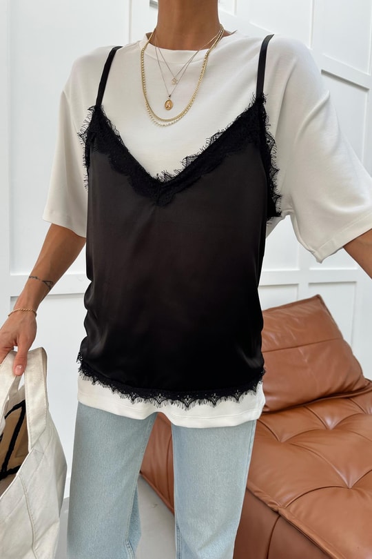 Saten Detay Modal Tshirt Beyaz