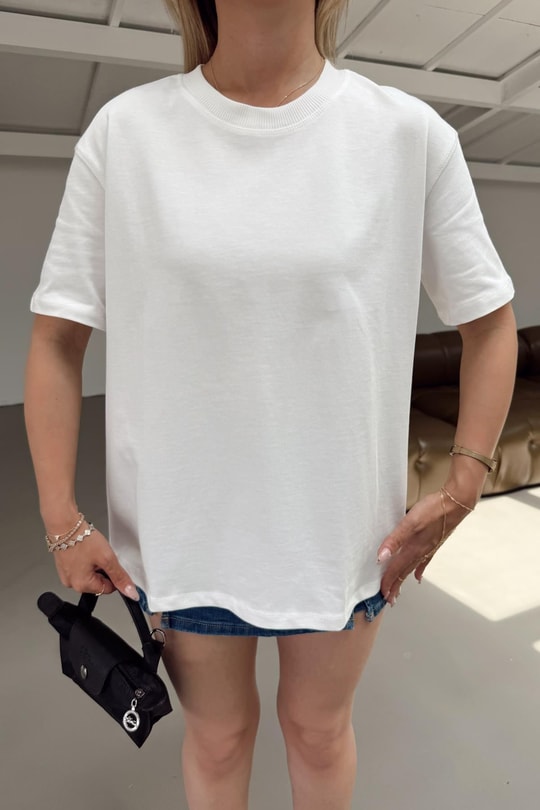 Şerit Ribana Basic Tshirt Beyaz