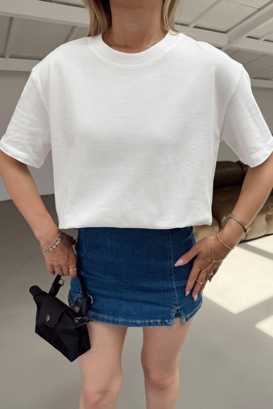 Şerit Ribana Basic Tshirt Beyaz