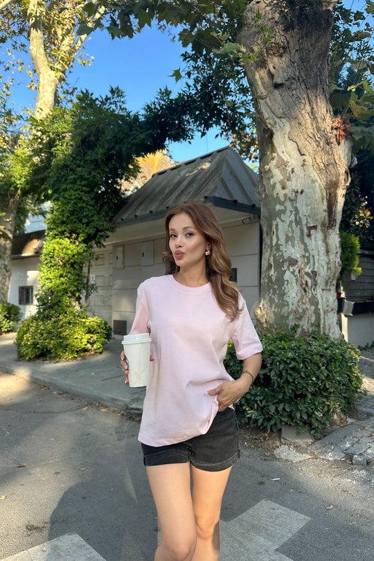 Şerit Ribana Basic Tshirt Pembe
