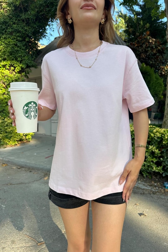 Şerit Ribana Basic Tshirt Pembe