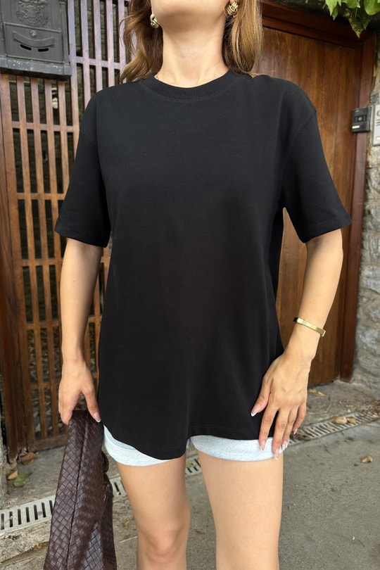 Şerit Ribana Basic Tshirt Siyah