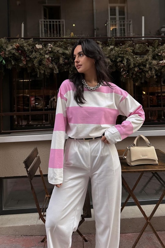 Şeritli Bisiklet Yaka Tshirt Pembe
