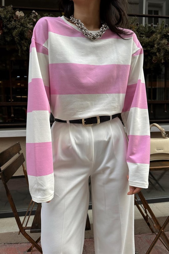 Şeritli Bisiklet Yaka Tshirt Pembe
