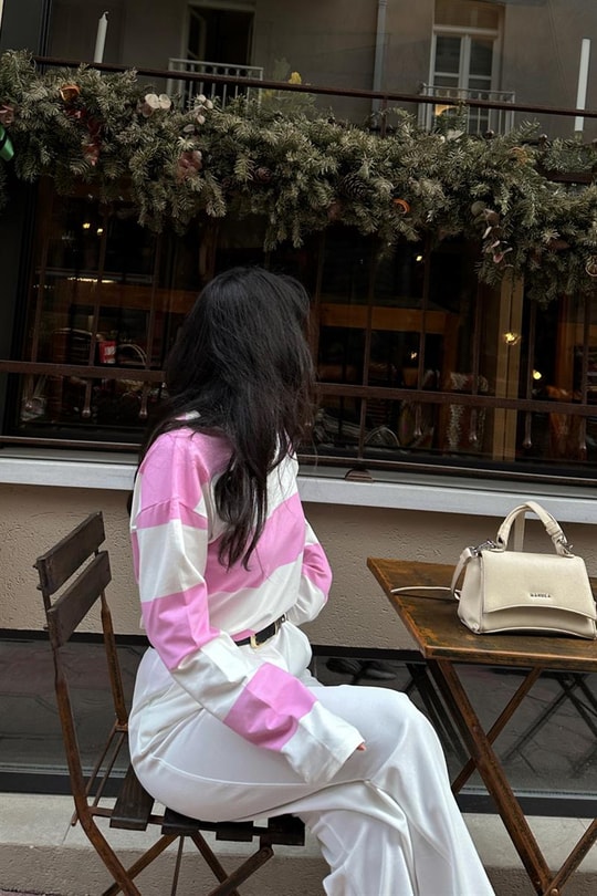 Şeritli Bisiklet Yaka Tshirt Pembe