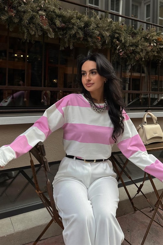 Şeritli Bisiklet Yaka Tshirt Pembe