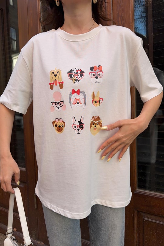 Sevimli  Köpekler  Baskılı Tshirt Beyaz