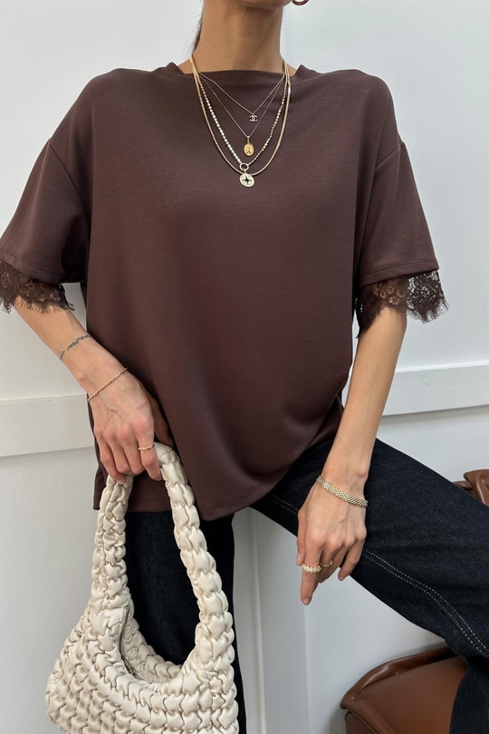 Sırt Genişleyen Dantel Tshirt Kahve