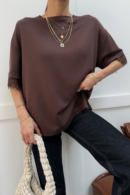 Sırt Genişleyen Dantel Tshirt Kahve