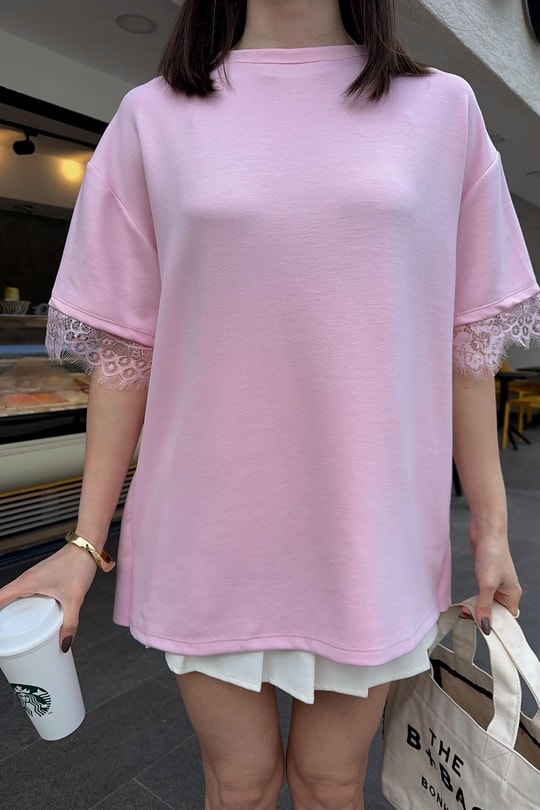Sırt Genişleyen Dantel Tshirt Pembe