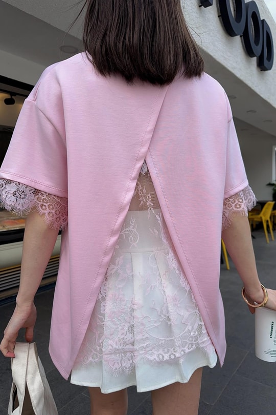 Sırt Genişleyen Dantel Tshirt Pembe
