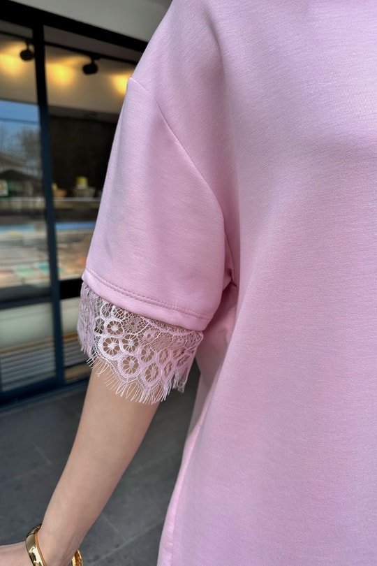 Sırt Genişleyen Dantel Tshirt Pembe