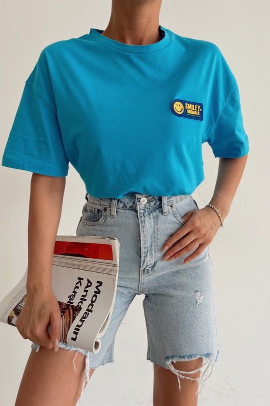 Smiley Oversize Tshirt Mavi