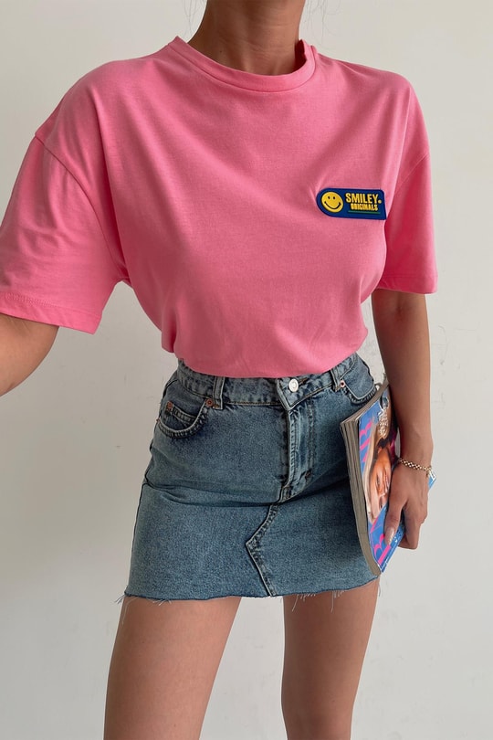 Smiley Oversize Tshirt Pembe