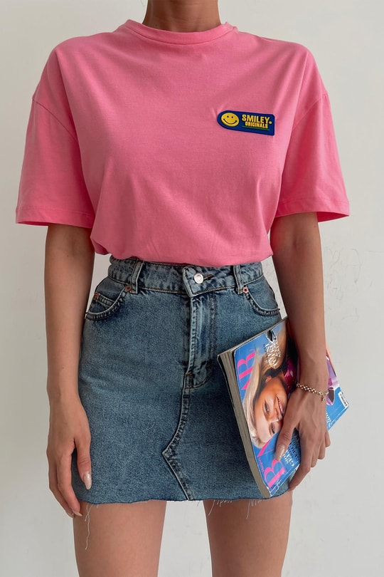 Smiley Oversize Tshirt Pembe