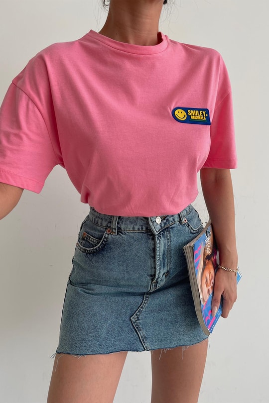 Smiley Oversize Tshirt Pembe