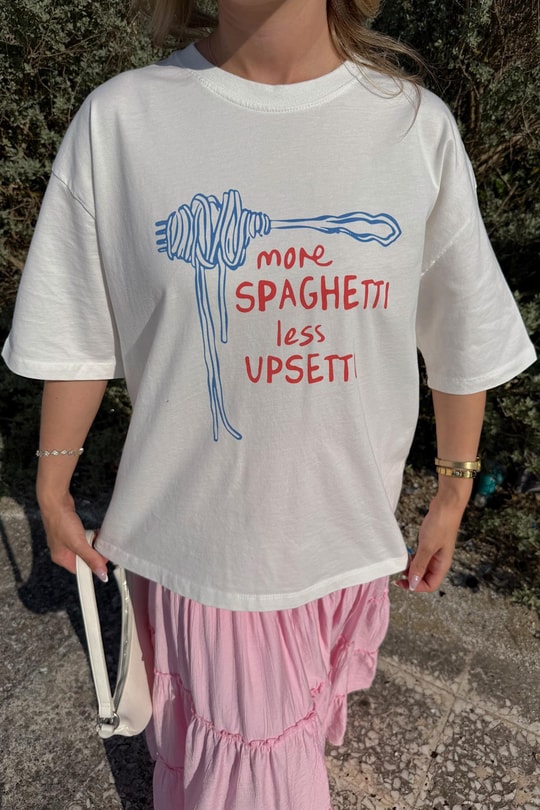 Spaghetti Baskı Tshirt Ekru