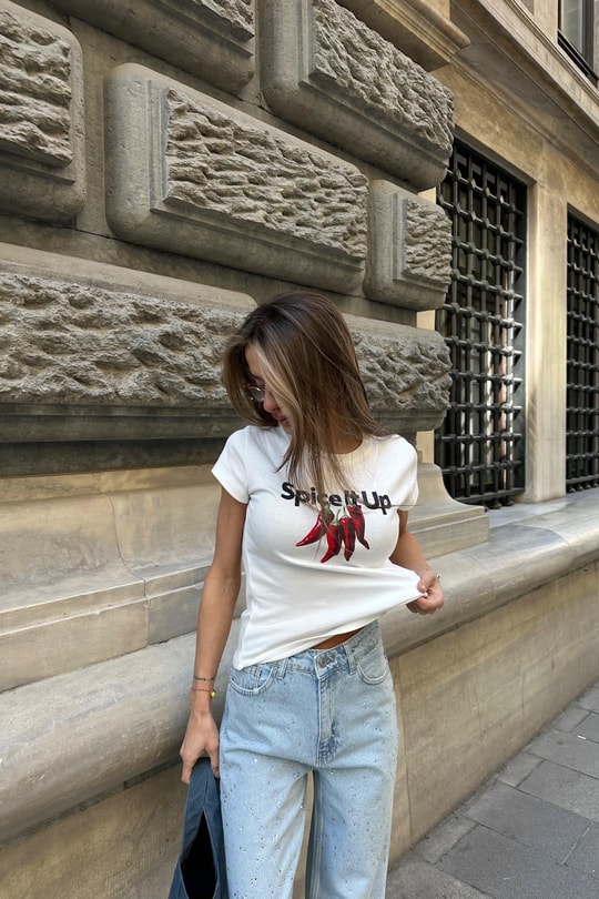 Spice Papper Baskı Tshirt Beyaz