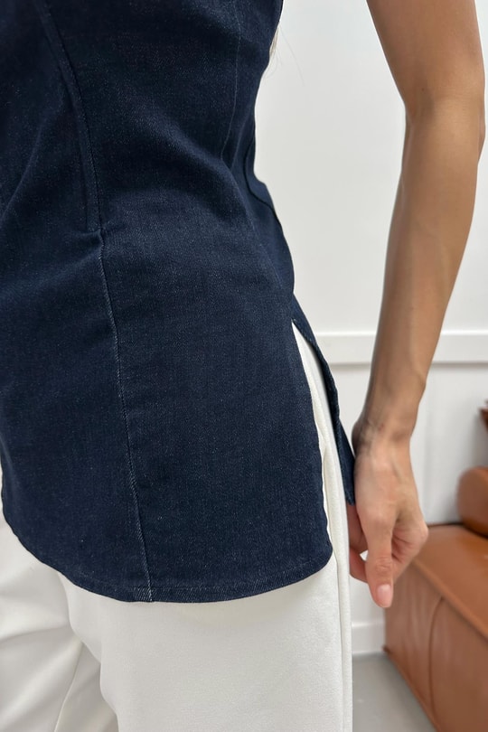 Straplez Yırtmaçlı Jean Büstiyer Lacivert
