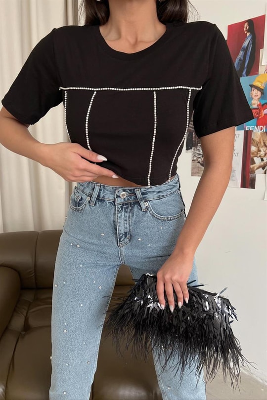 Su Yolu Taşlı Alicia Tshirt Siyah