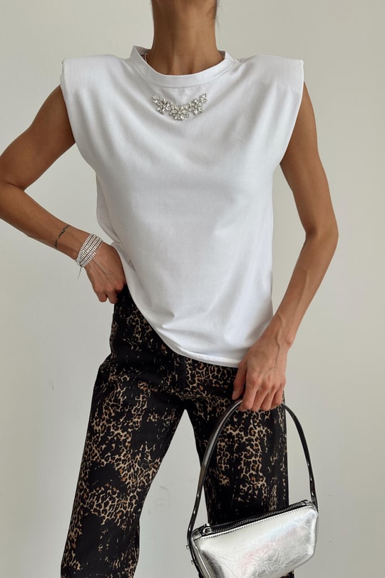 Taş İşleme Vatkalı Tshirt Beyaz