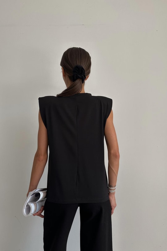 Taş İşleme Vatkalı Tshirt Siyah