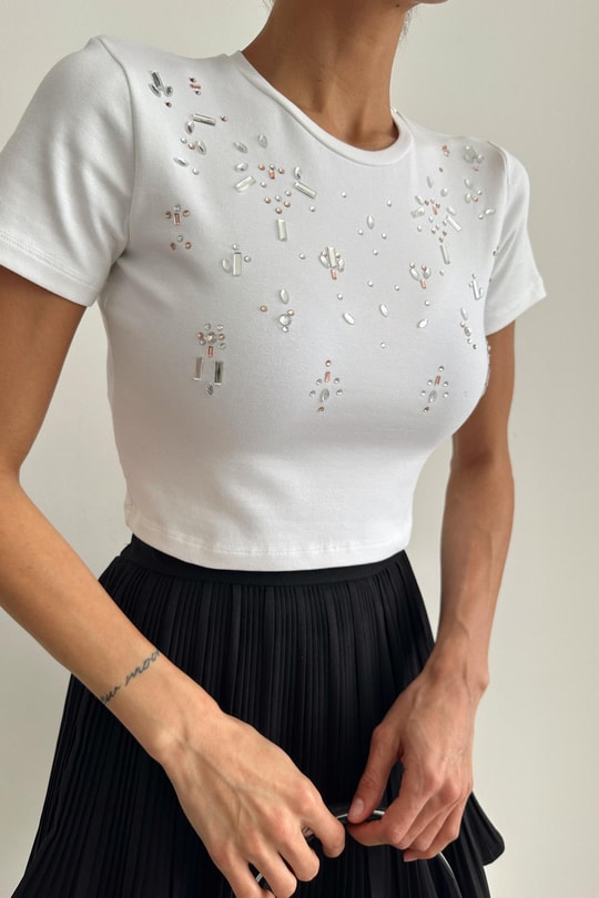 Taşlı Crop Tshirt Beyaz