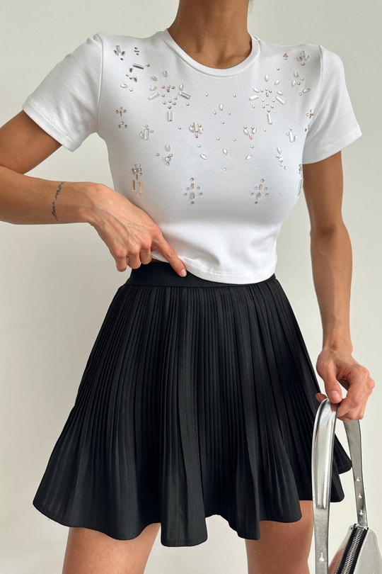 Taşlı Crop Tshirt Beyaz