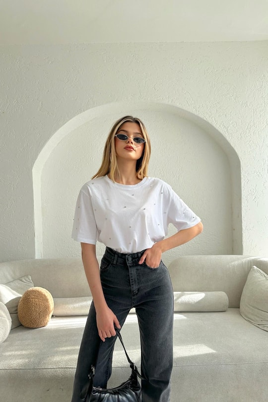Taşlı Oversize Tshirt Beyaz