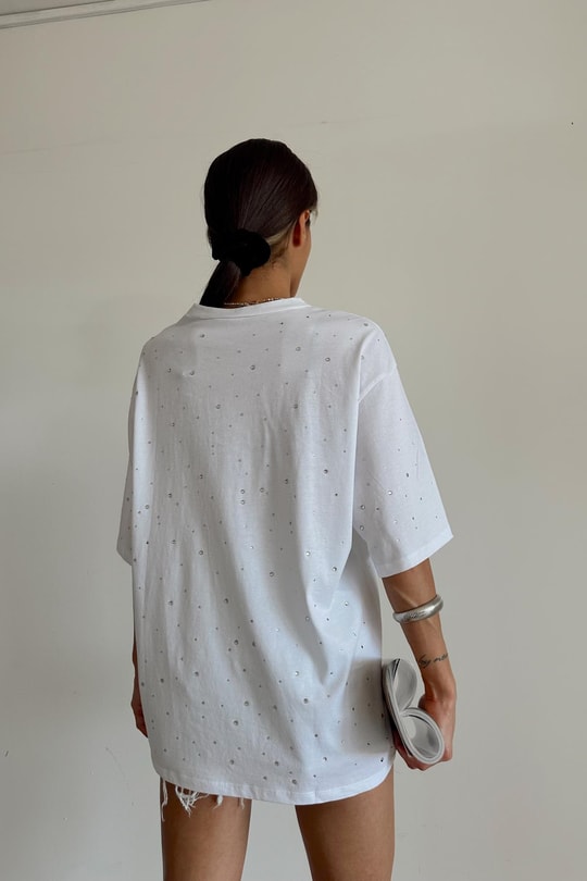 Taşlı Oversize Tshirt Beyaz