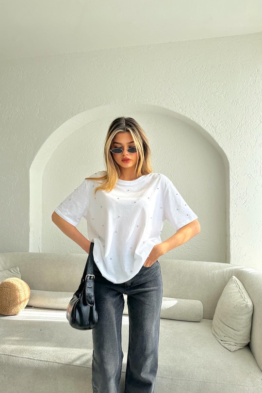 Taşlı Oversize Tshirt Beyaz