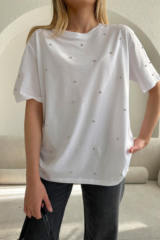 Taşlı Oversize Tshirt Beyaz