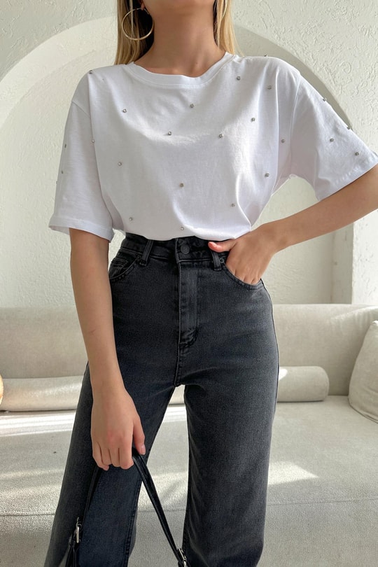 Taşlı Oversize Tshirt Beyaz
