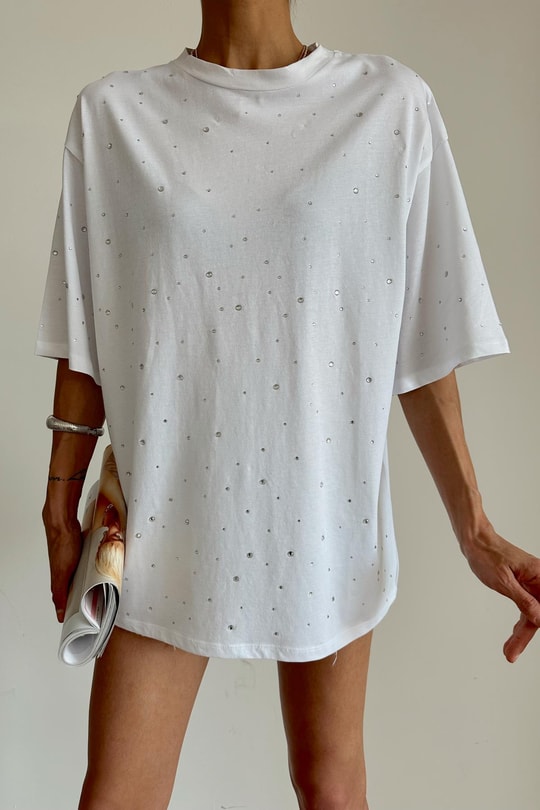 Taşlı Oversize Tshirt Beyaz