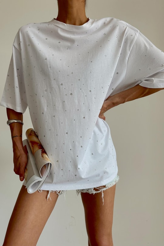 Taşlı Oversize Tshirt Beyaz
