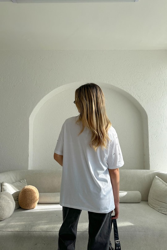 Taşlı Oversize Tshirt Beyaz