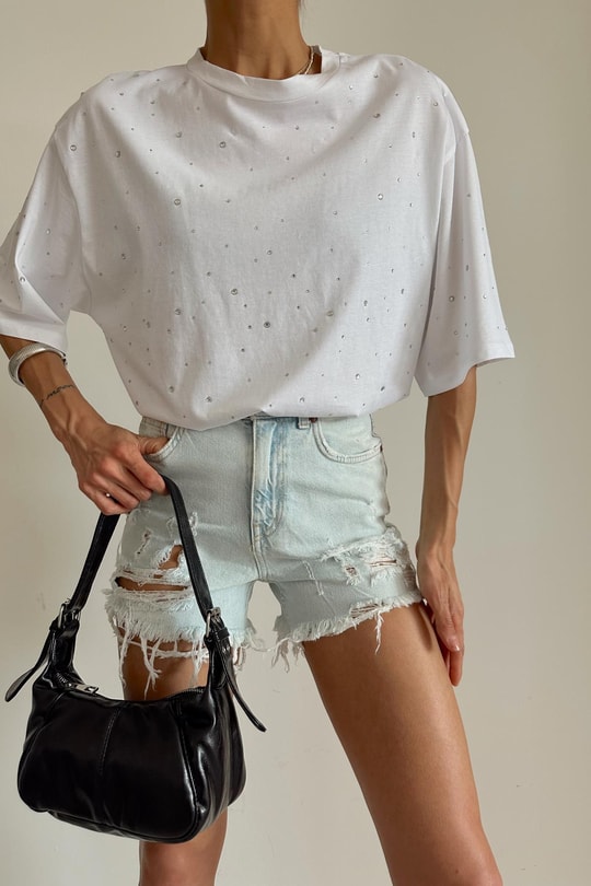 Taşlı Oversize Tshirt Beyaz