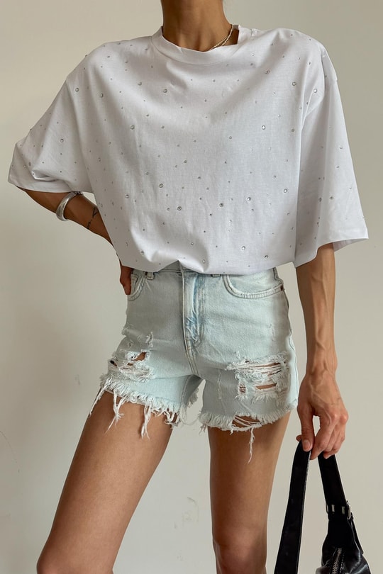 Taşlı Oversize Tshirt Beyaz