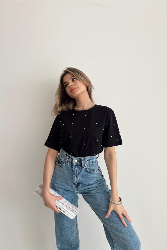 Taşlı Oversize Tshirt Siyah