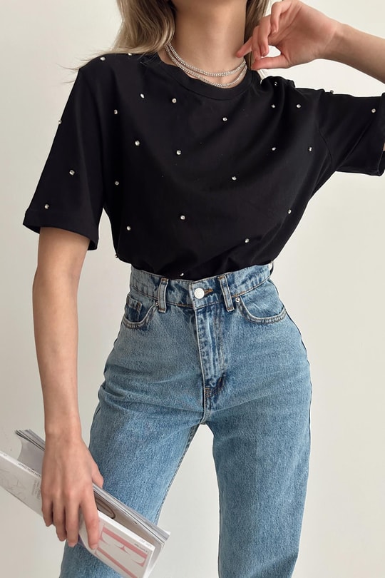 Taşlı Oversize Tshirt Siyah