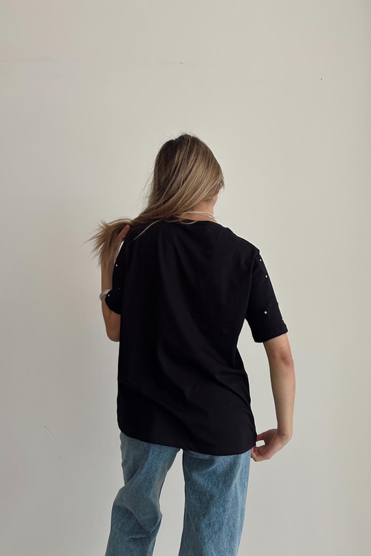 Taşlı Oversize Tshirt Siyah