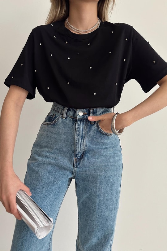 Taşlı Oversize Tshirt Siyah