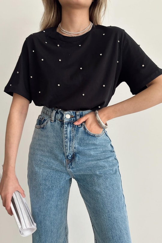 Taşlı Oversize Tshirt Siyah