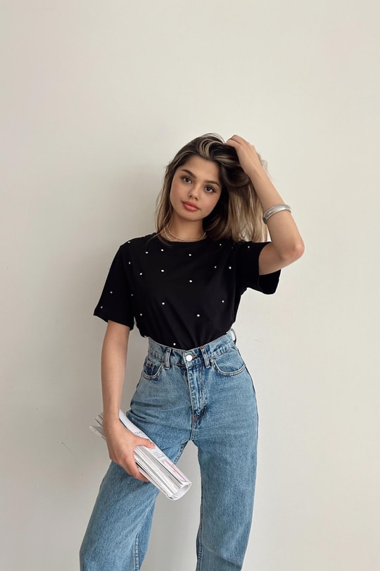 Taşlı Oversize Tshirt Siyah