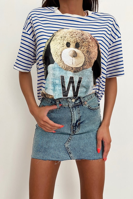 Teddy Çizgili Tshirt Saks Mavisi