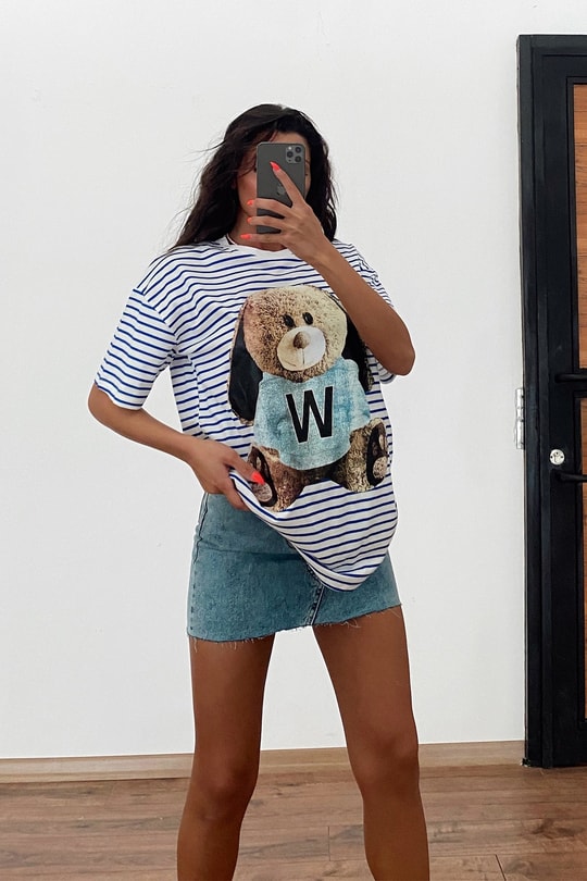 Teddy Çizgili Tshirt Saks Mavisi