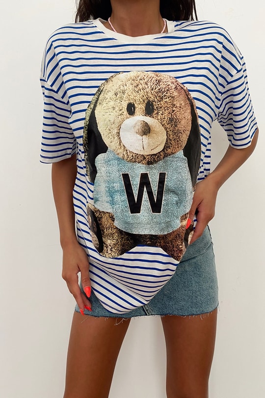 Teddy Çizgili Tshirt Saks Mavisi