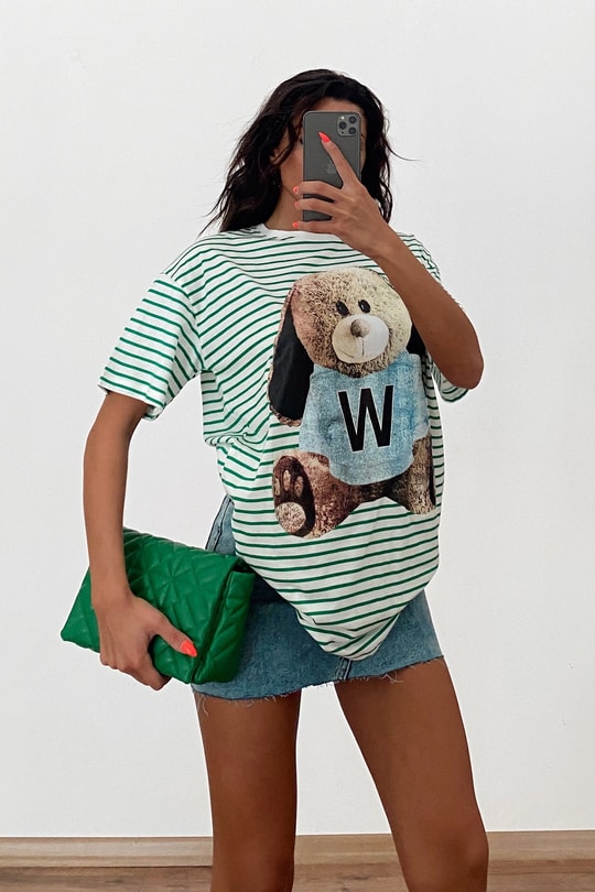 Teddy Çizgili Tshirt Yeşil