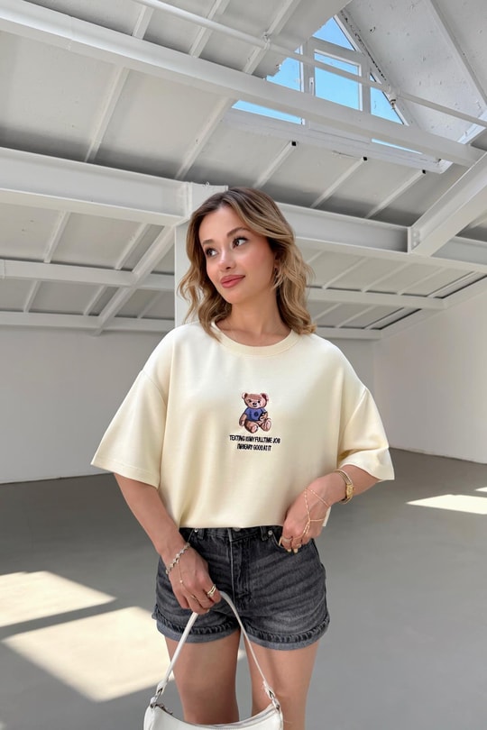 Teddy Nakışlı Tshirt Beyaz